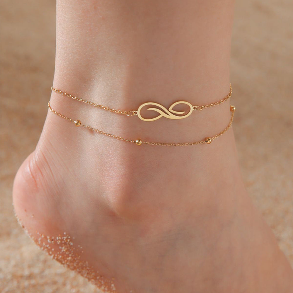 Women's Bohemian Infinite Symbol Anklet Stainless Steel Double Layer Bead Necklace Beach Anklet